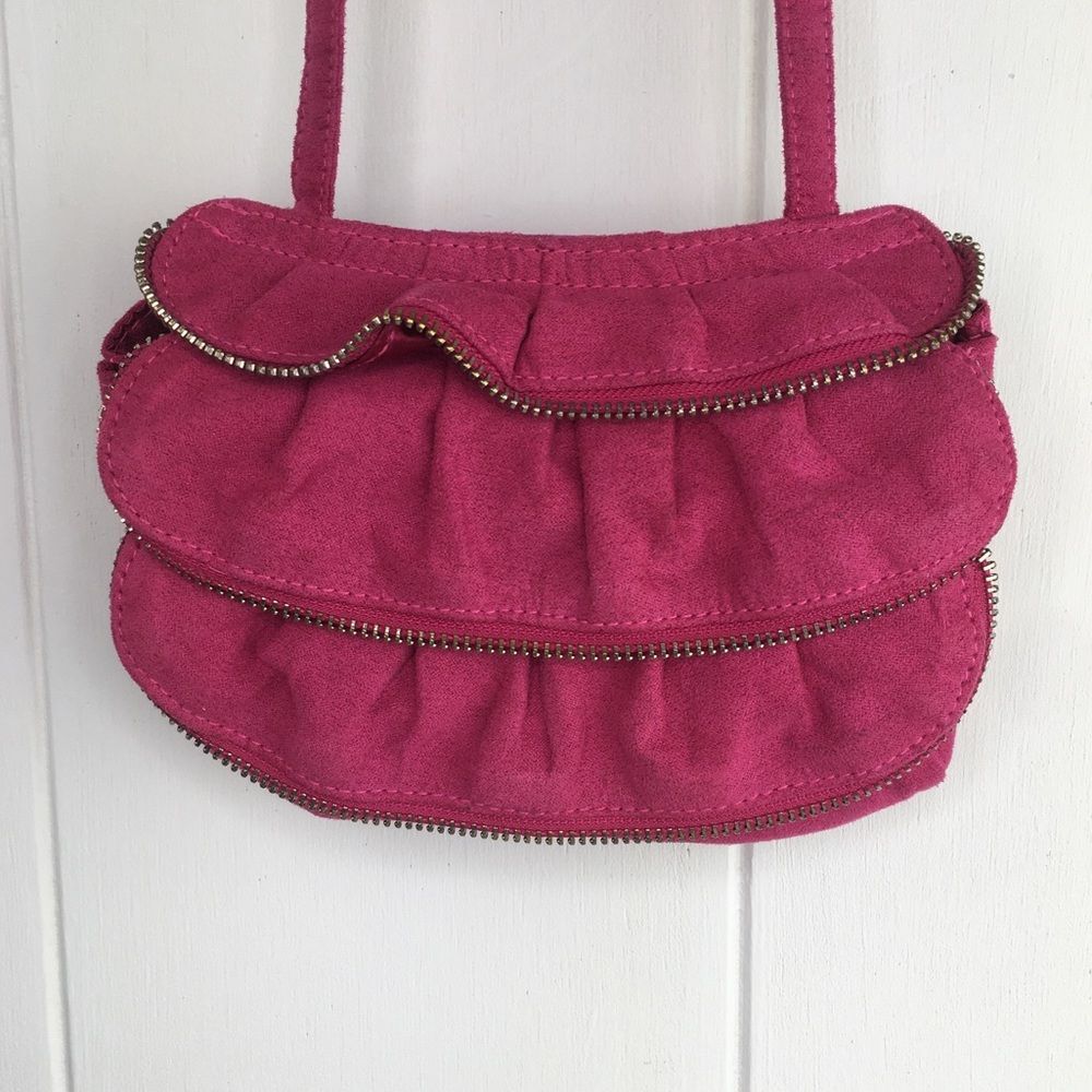 Pink Vegan Suede Raw Zipper Edge Ruffle Purse